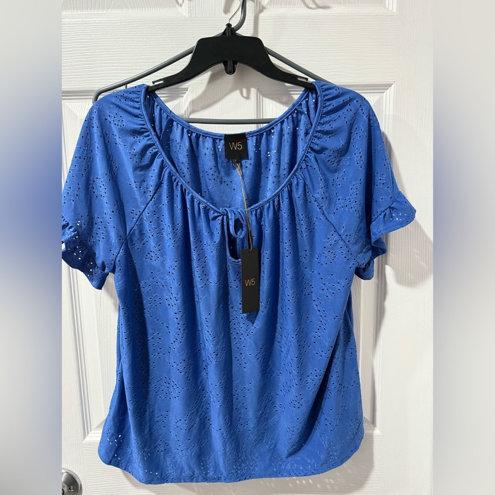 W5 Royal Blue Eyelet Tie-Neck Short Sleeve Blouse size L
